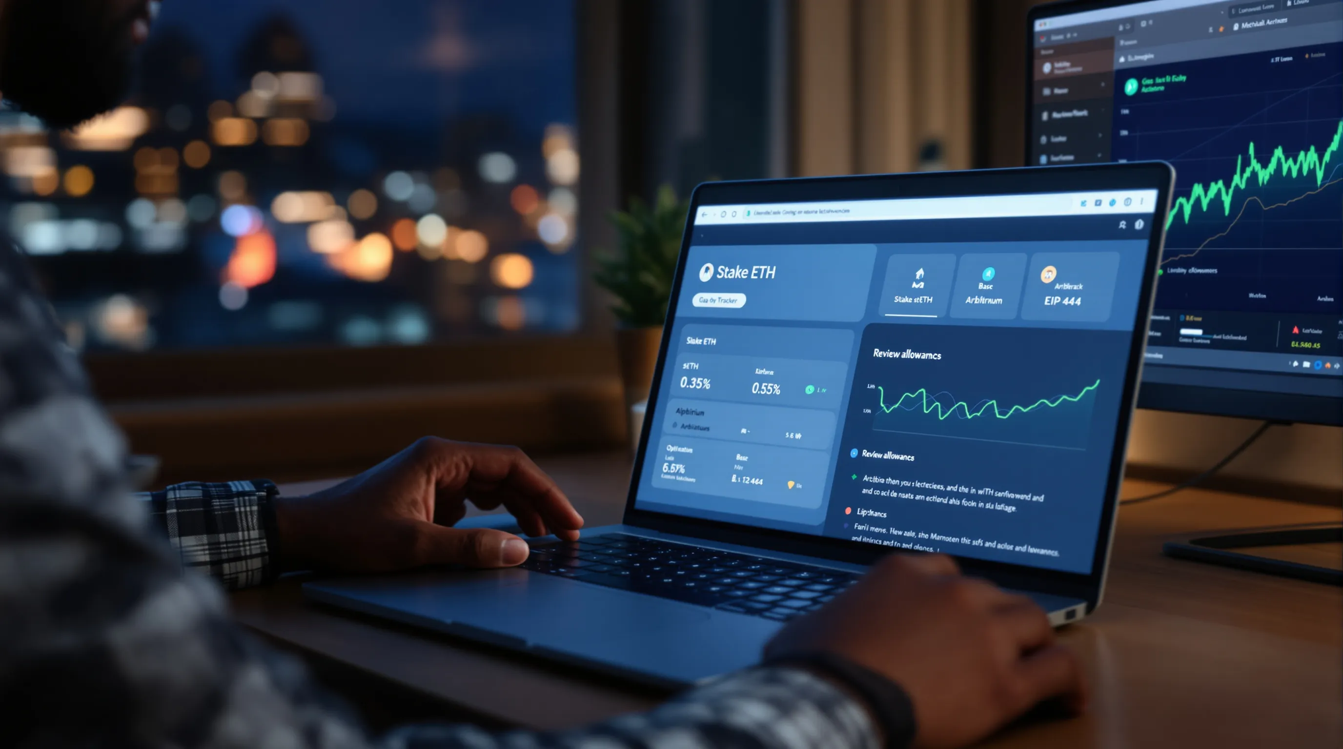 Person setting up Lido staking with Ledger and MetaMask at night.