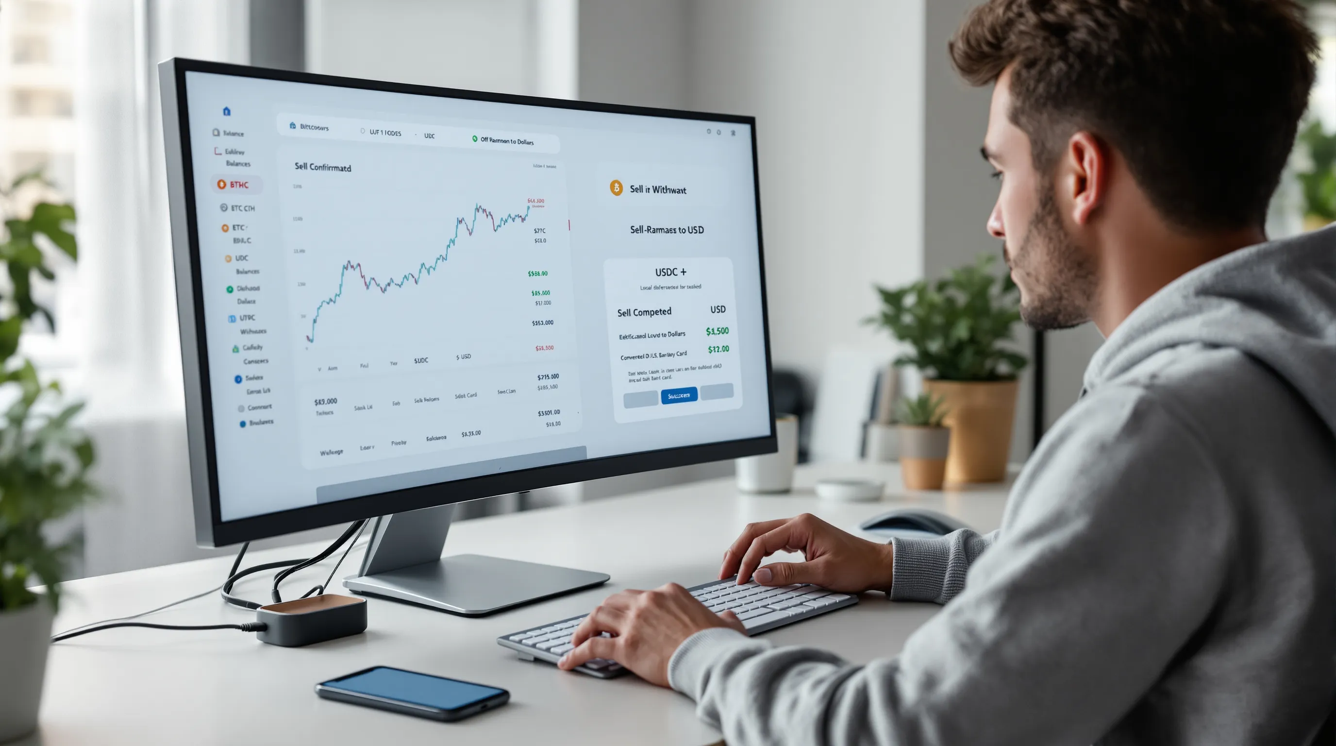 Person at home computer converting crypto into USD and receiving it in a bank app.