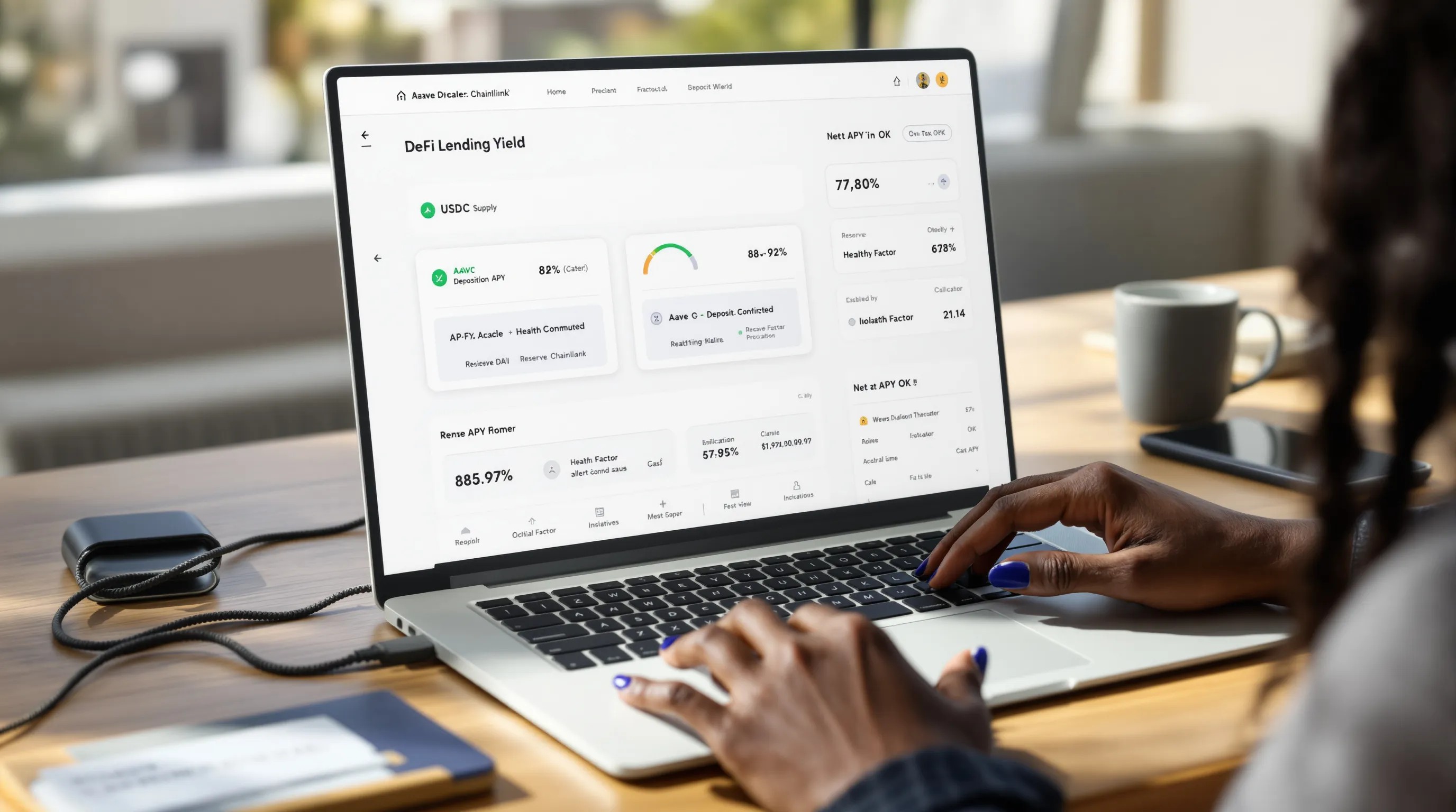 Woman managing USDC/DAI yield on DeFi dashboard with hardware wallet connected.