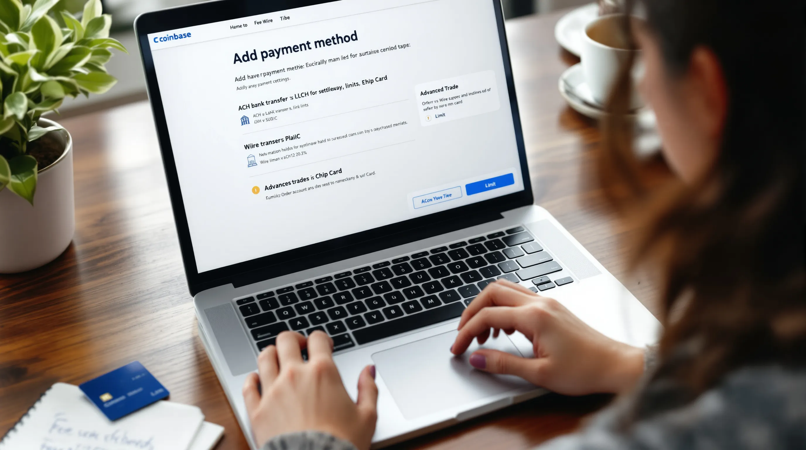 Woman linking payment method on Coinbase to fund and buy Ethereum.