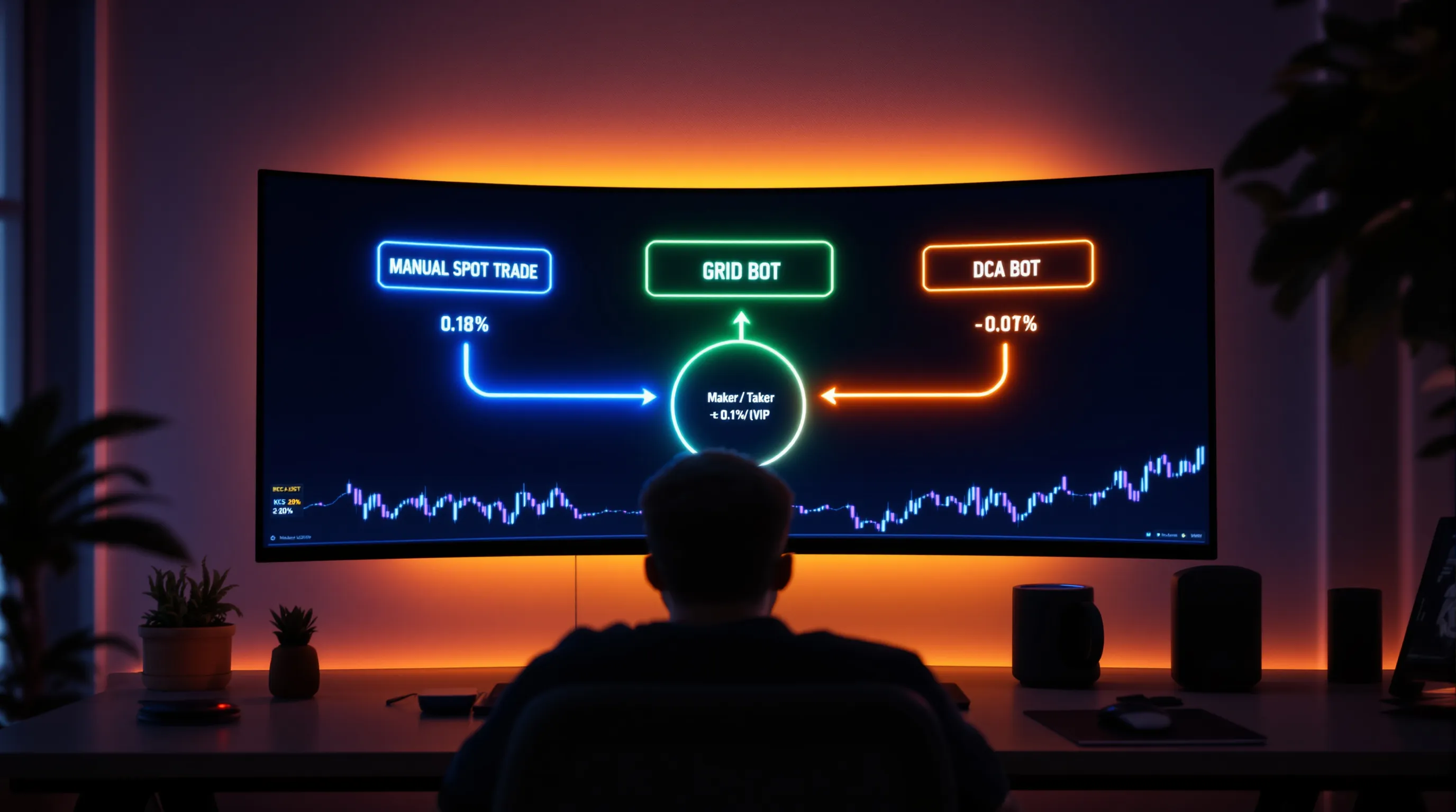 Trader studies KuCoin fee comparison for manual trades, grid bots, and DCA bots.