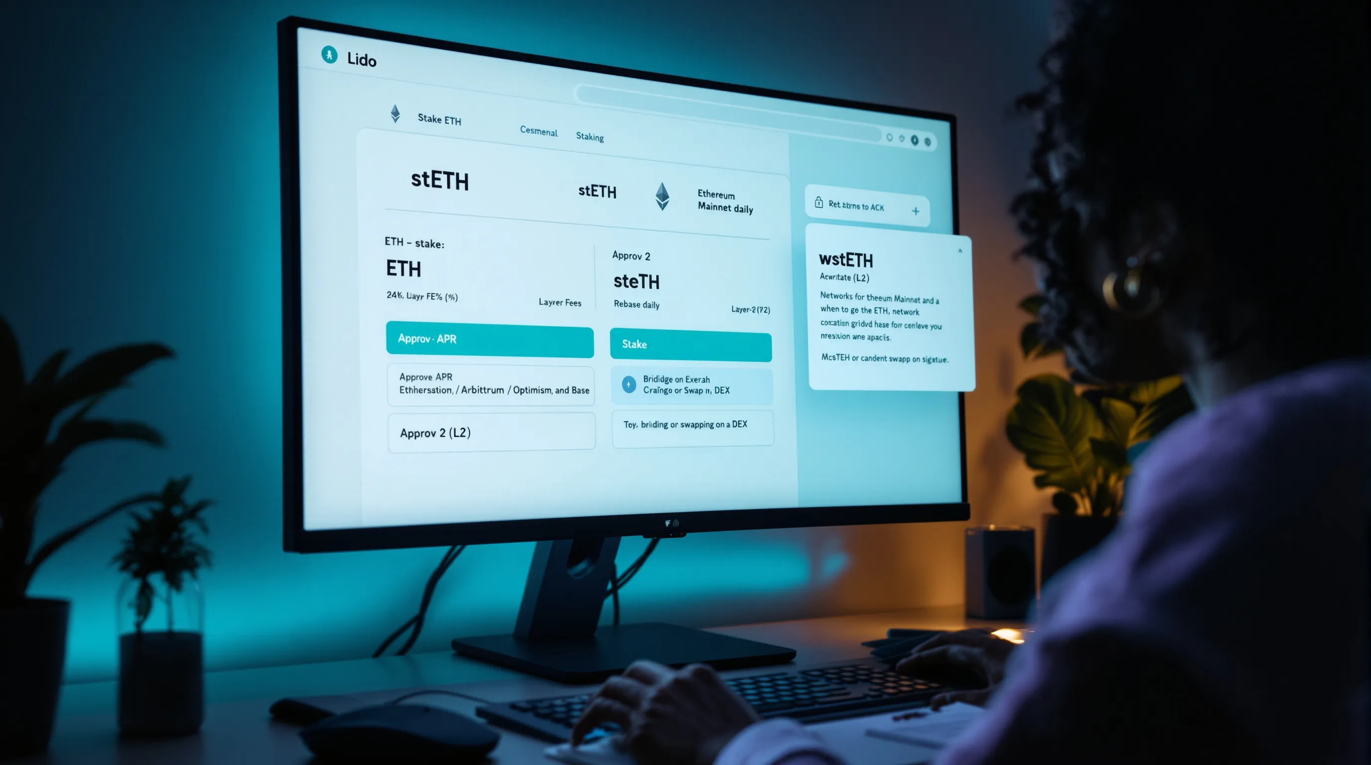 Woman confirms Lido ETH staking on desktop, verifying contracts and balances.