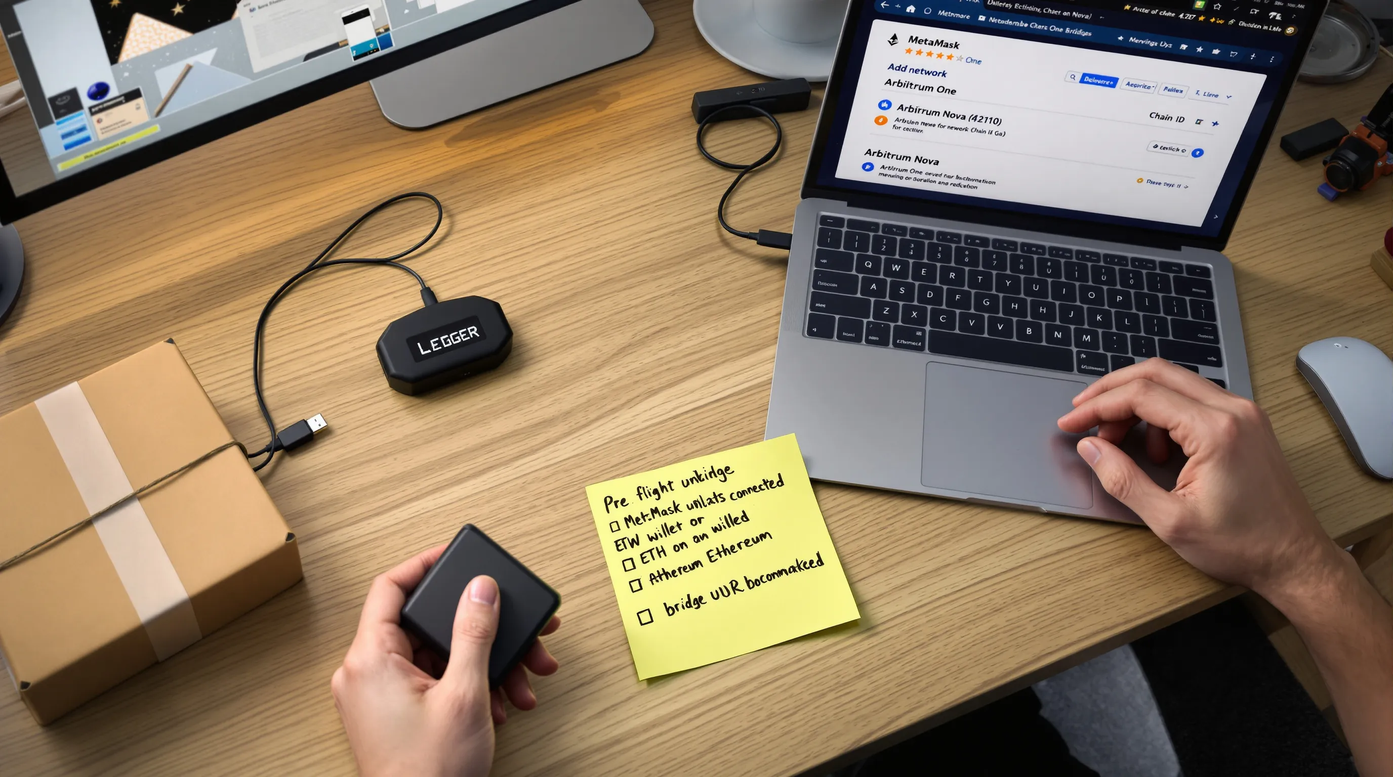 User setting up MetaMask with Arbitrum networks and a connected Ledger wallet.