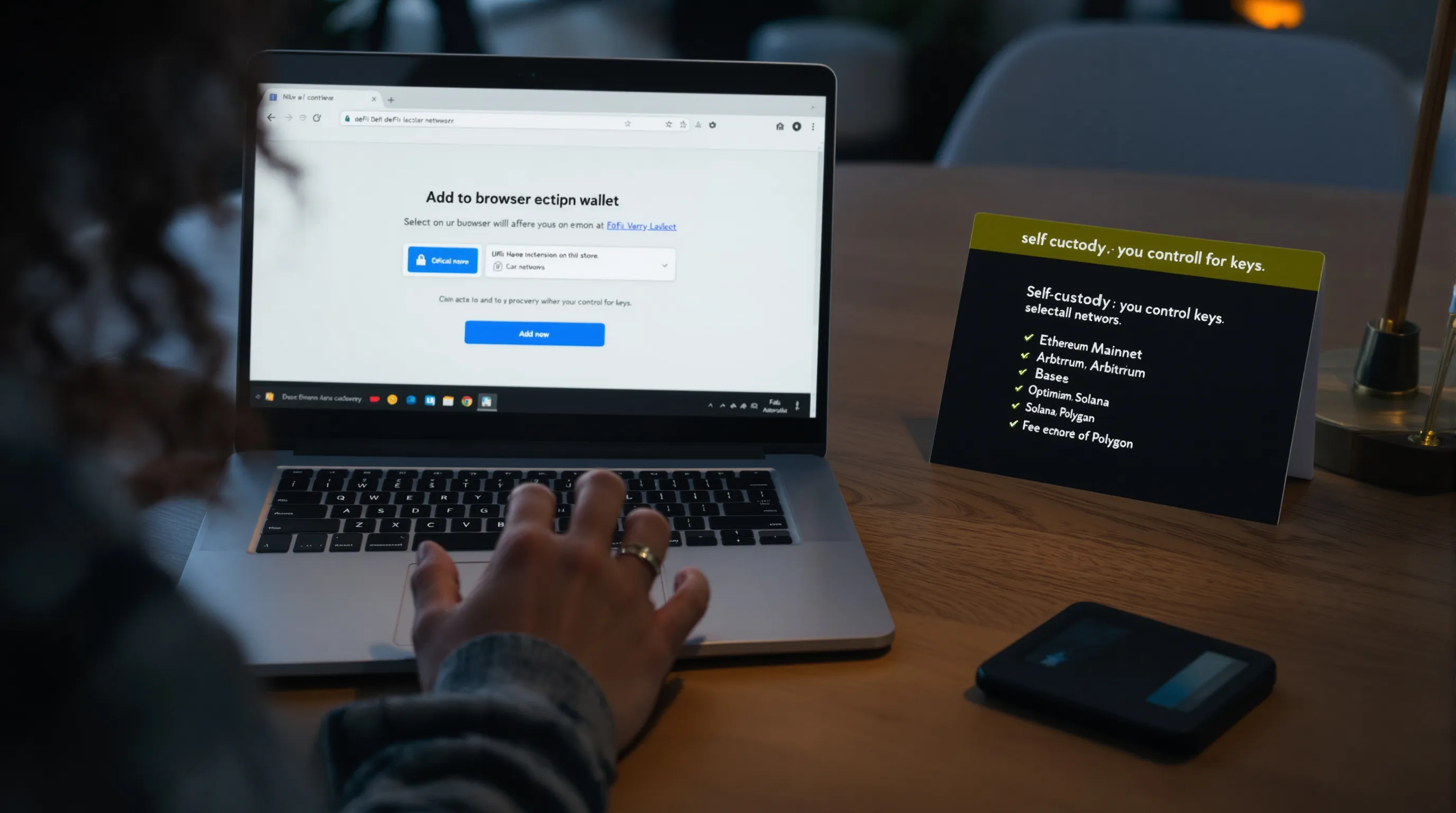 Beginner installs verified DeFi wallet, saving seed phrase beside a hardware wallet.