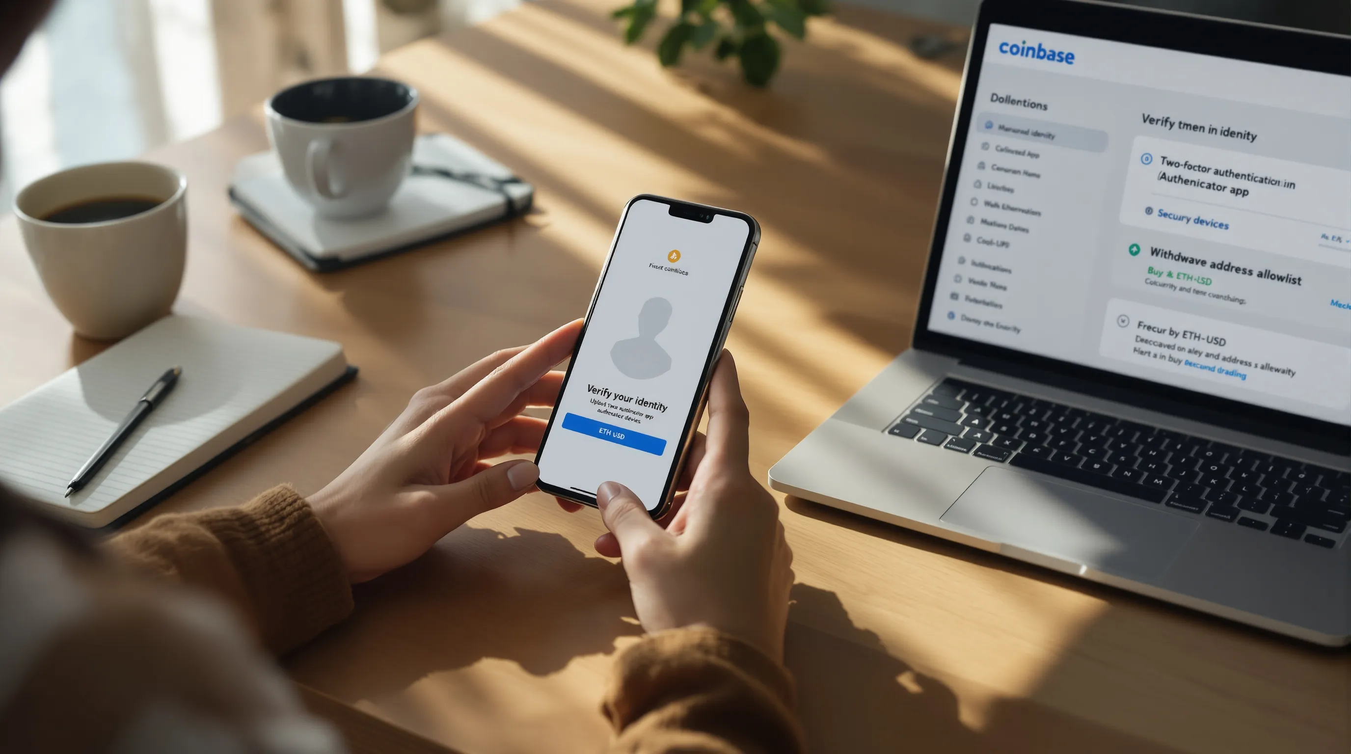 Woman completing Coinbase KYC and enabling 2FA before buying Ethereum.
