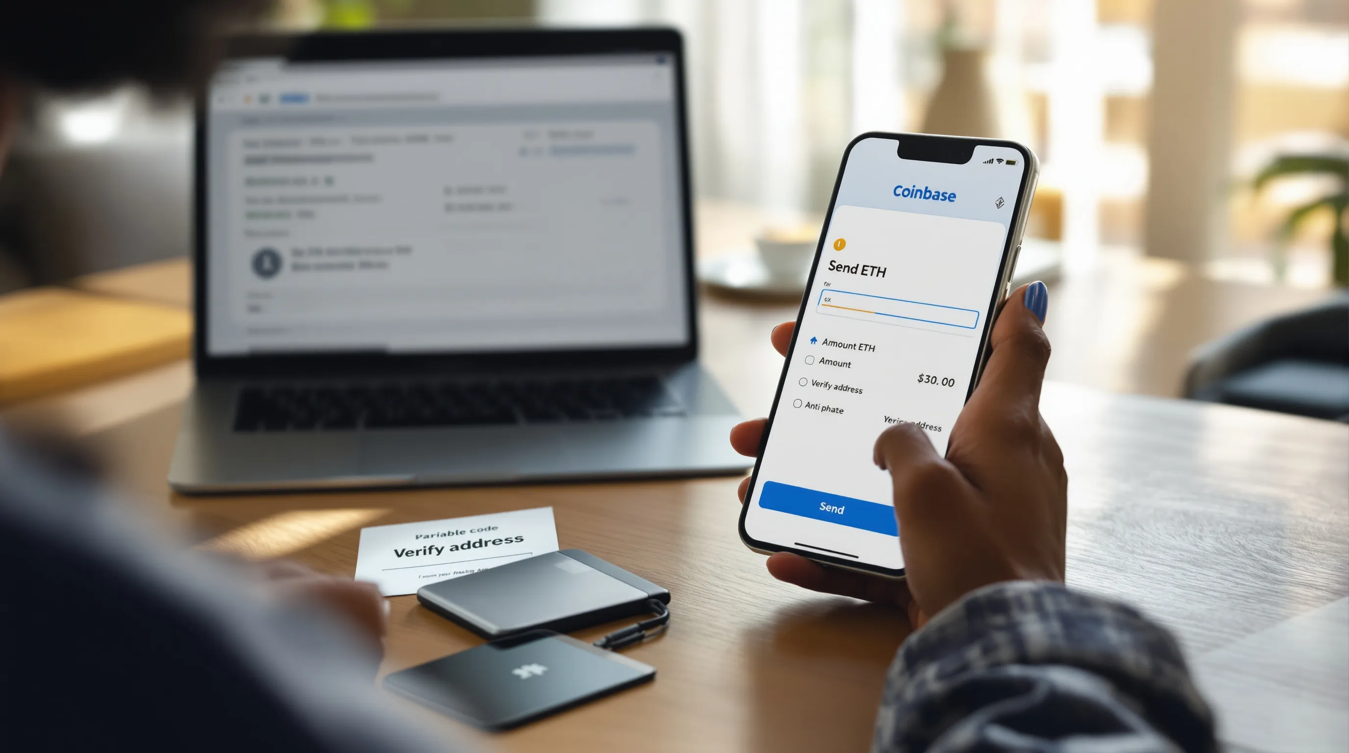 Woman securely sending ETH from Coinbase to a verified self-custody wallet.