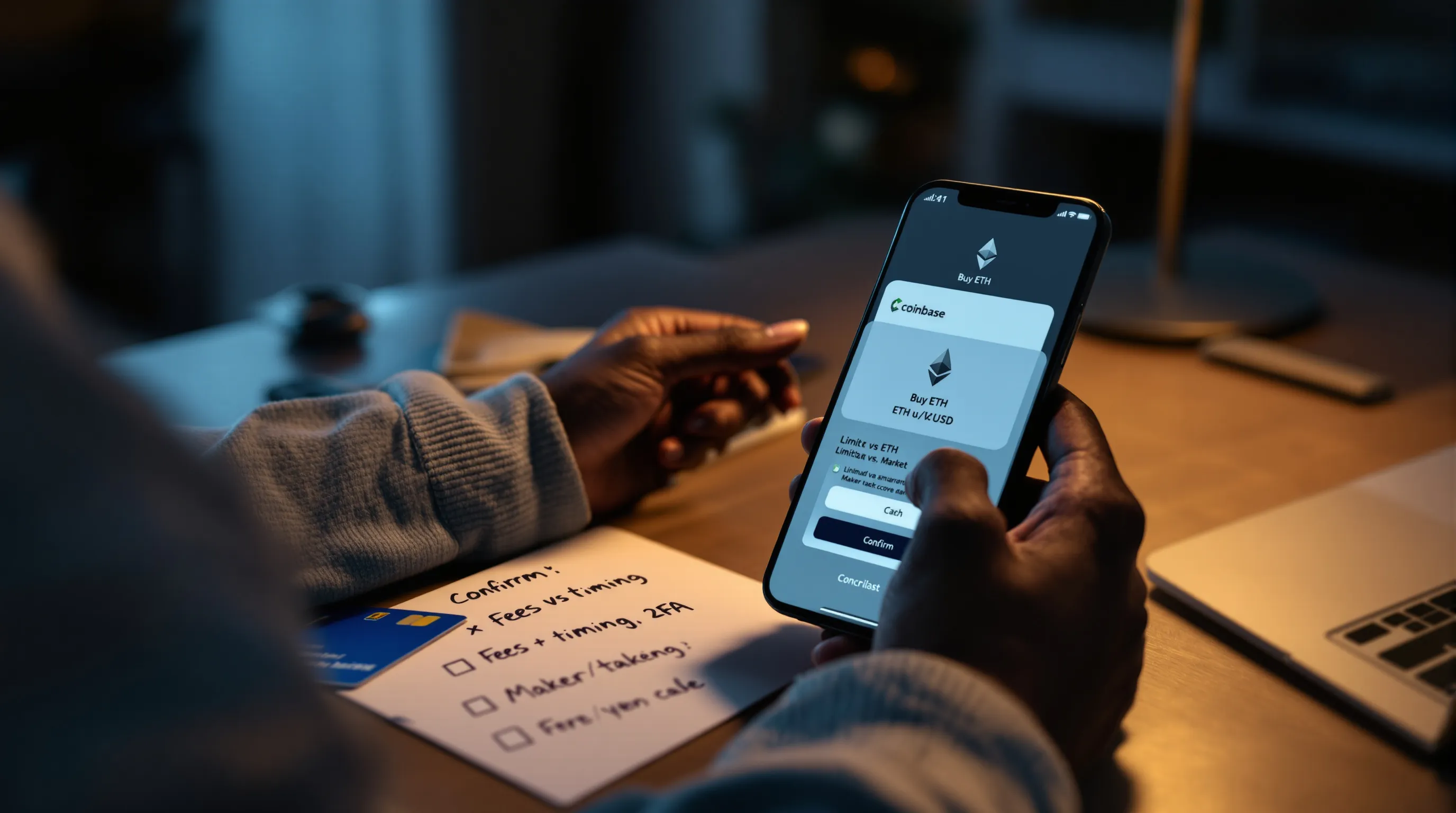 Woman verifies Coinbase 2FA while placing an ETH buy order at home.