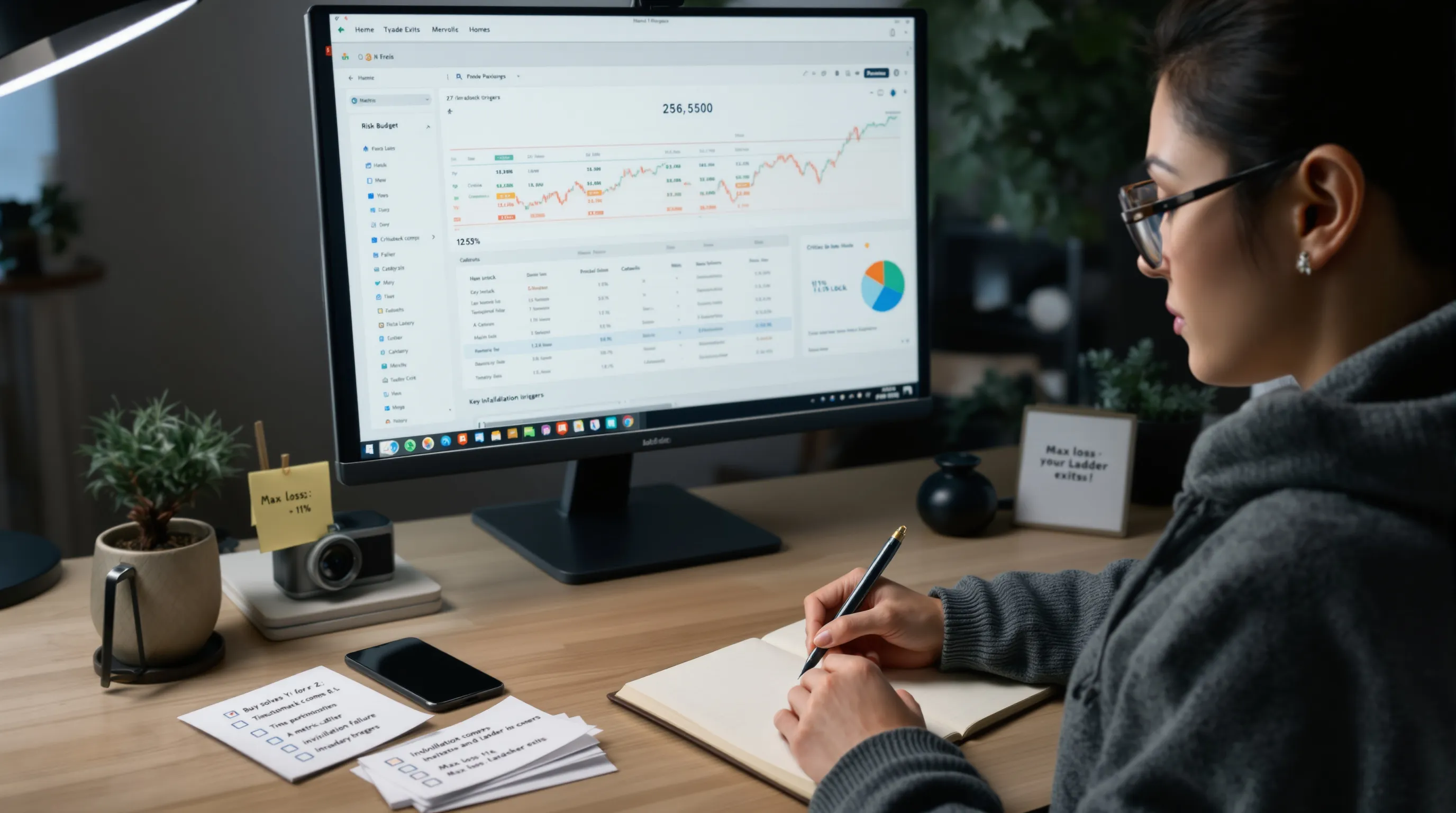 Woman drafts altcoin thesis with risk budget and exit triggers checklist.