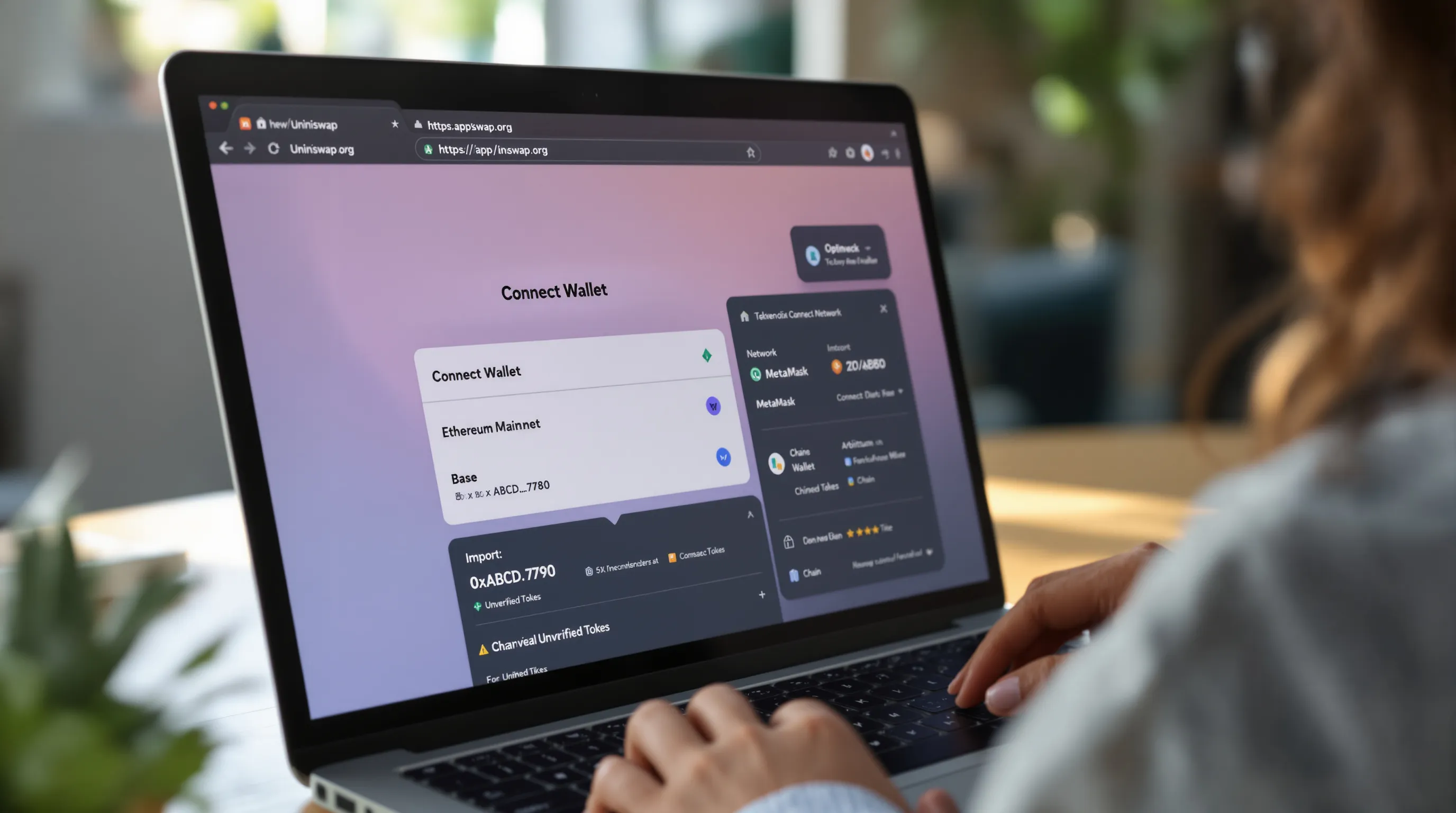 Woman verifying Uniswap URL and wallet network before connecting for the first time.