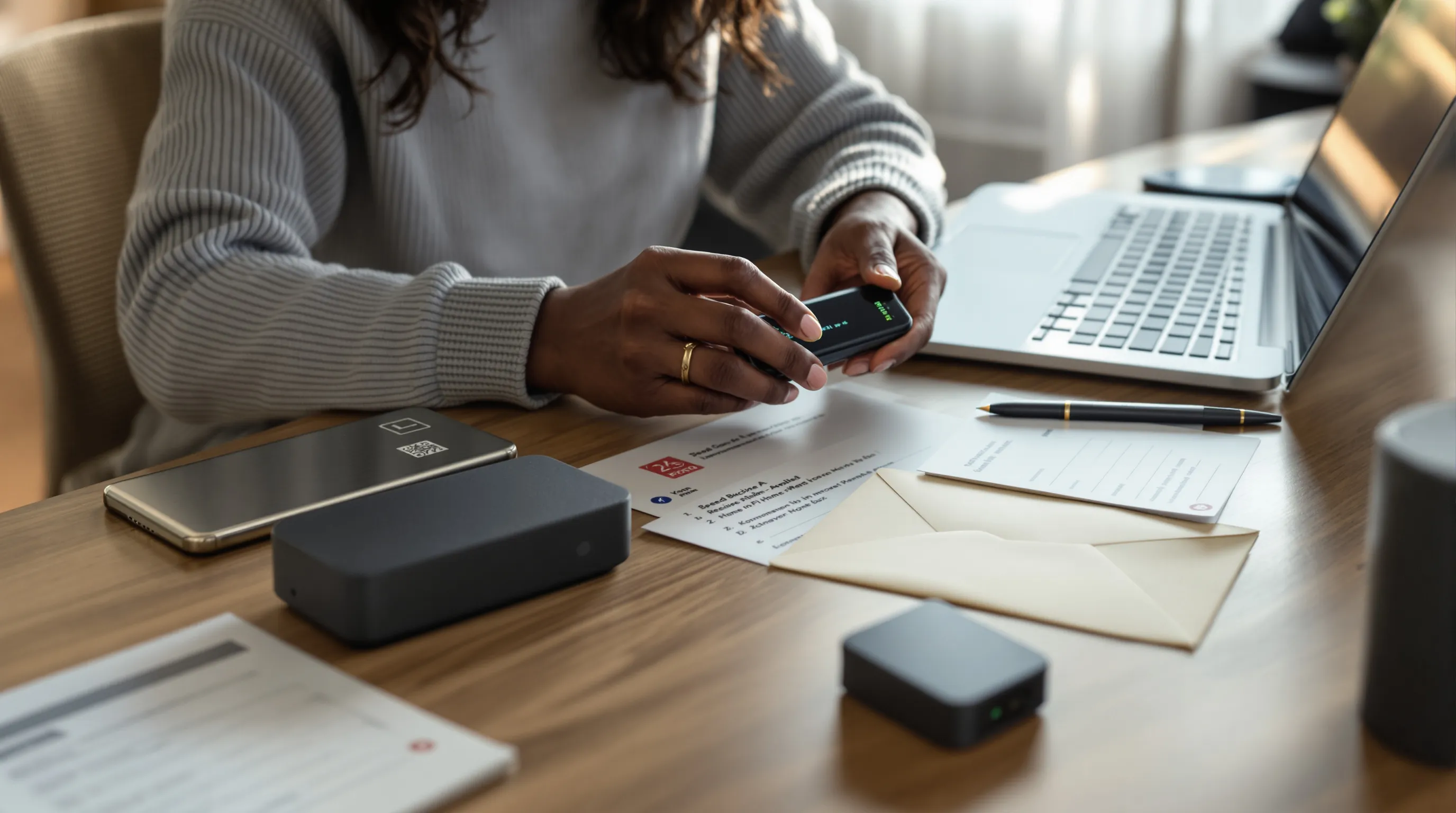 Person verifies hardware wallet address with secure seed backups and envelopes.