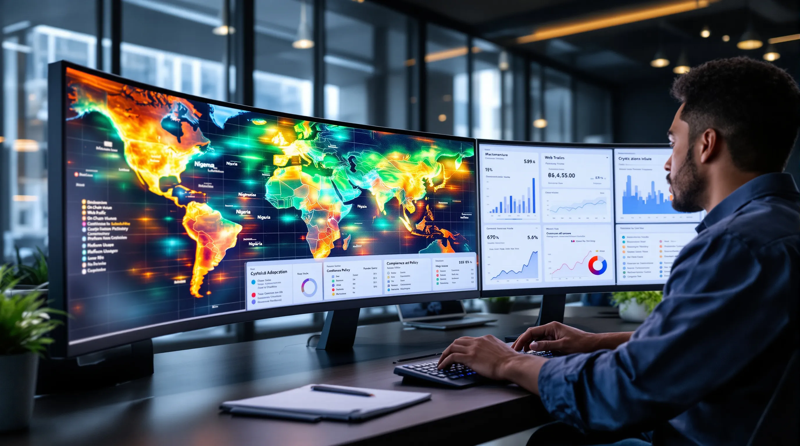 Analyst in a U.S. tech office studying a world map of global crypto adoption ranks.