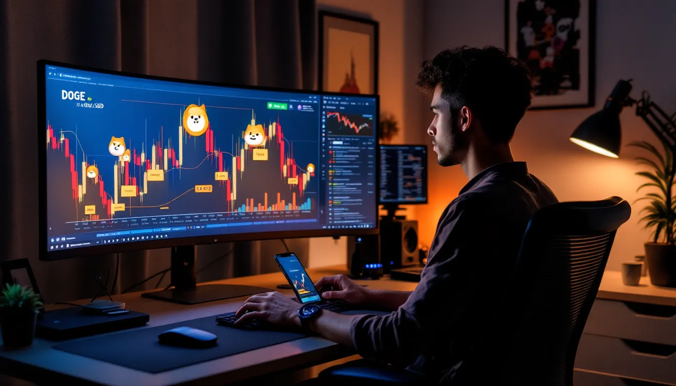 Trader watches Dogecoin price surge on screens driven by social media hype.