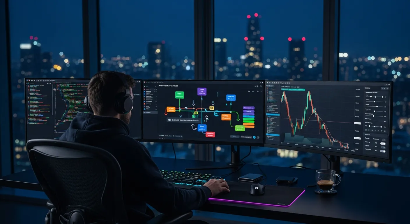 Crypto trader at night running a sniping bot across multiple glowing monitors.