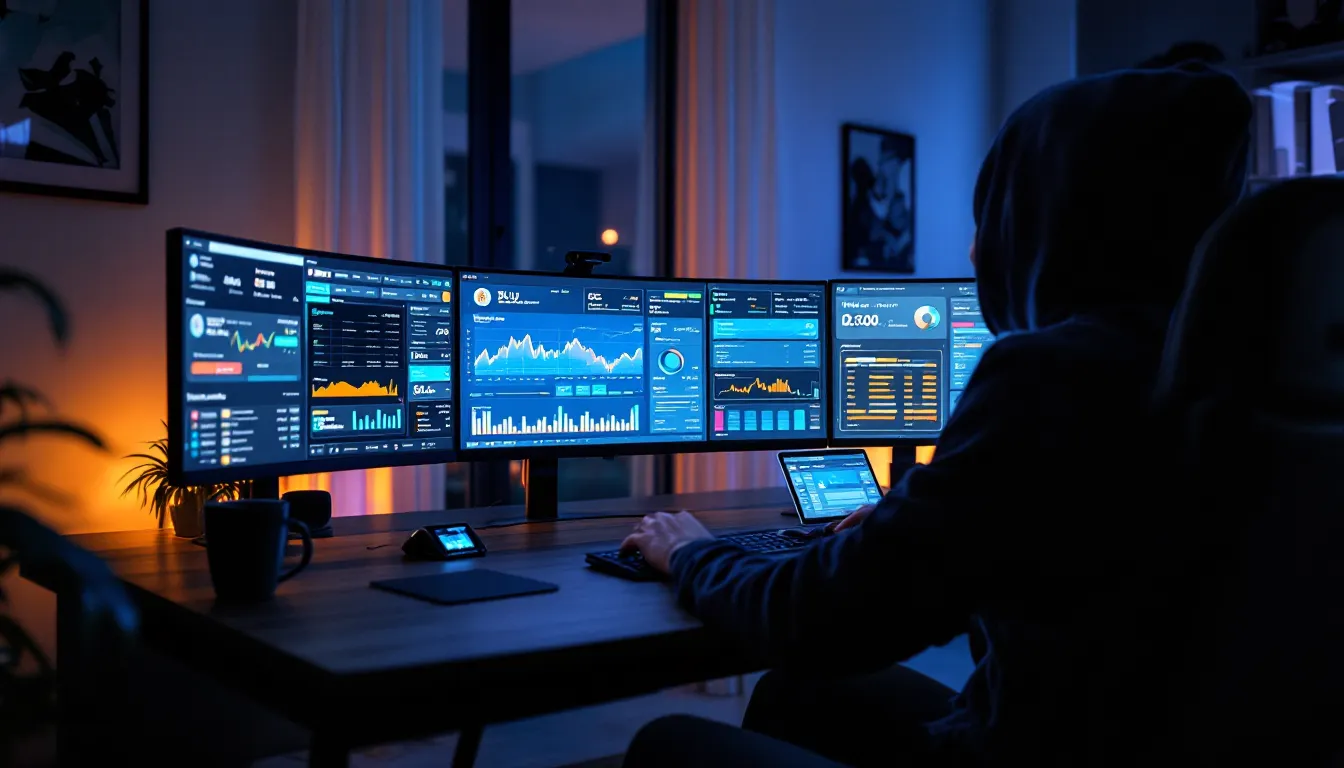 Person analyzing NFT marketplace dashboards on multiple monitors in a modern home office.