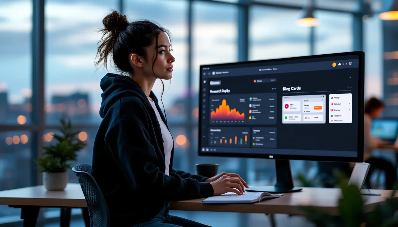 Young analyst reviewing curated high-signal crypto blogs on a data-rich computer screen.