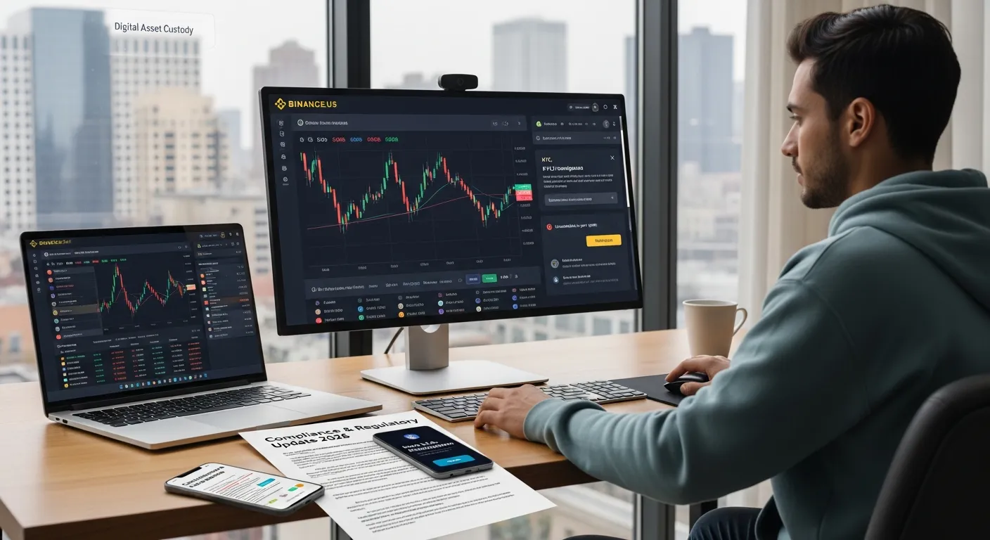 American crypto trader using Binance.US with visible KYC prompt and regulated 2026 backdrop.
