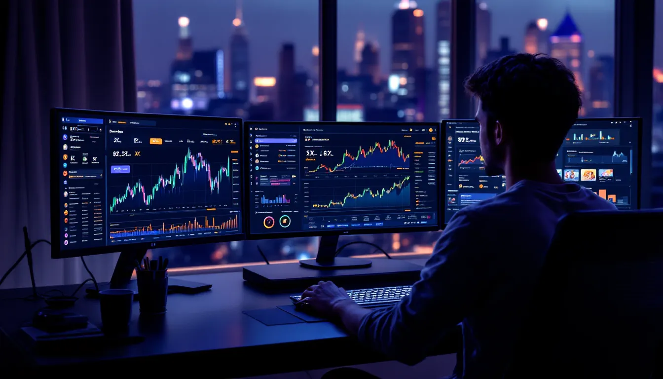 NFT trader using a sleek OpenSea V2 multimonitor trading and creator studio setup.