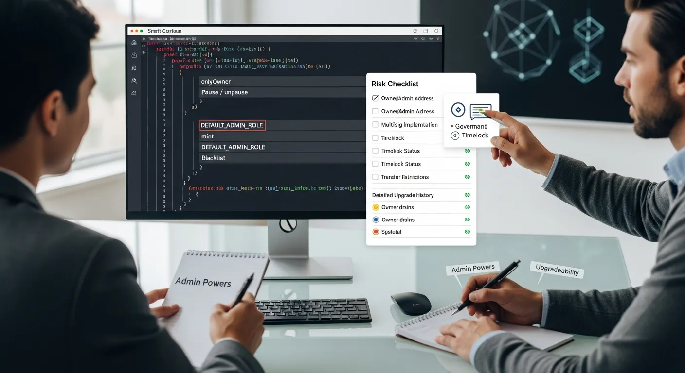 Professionals reviewing smart contract code with a risk checklist on-screen.