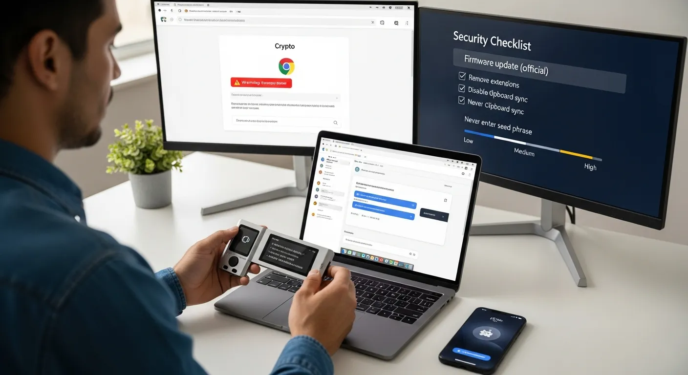 Professional verifying hardware wallet address beside secure laptop and phone checklist.