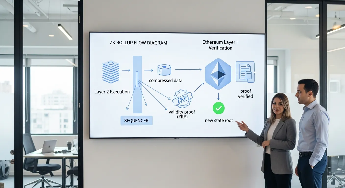 Professionals viewing a simple zk rollup diagram with proof verification on Ethereum.