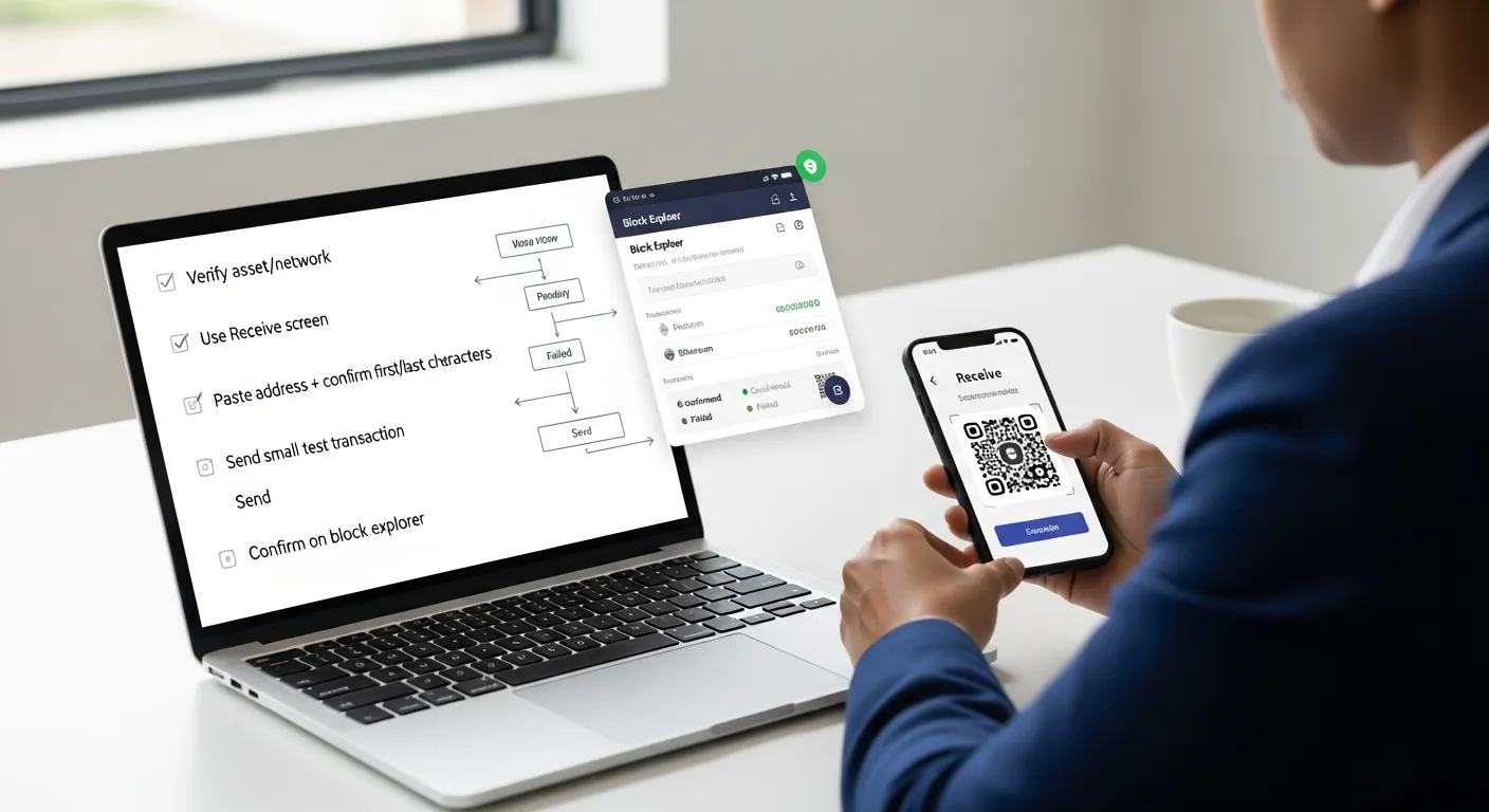 Professional checking wallet address, QR code, and block explorer during crypto transfer.