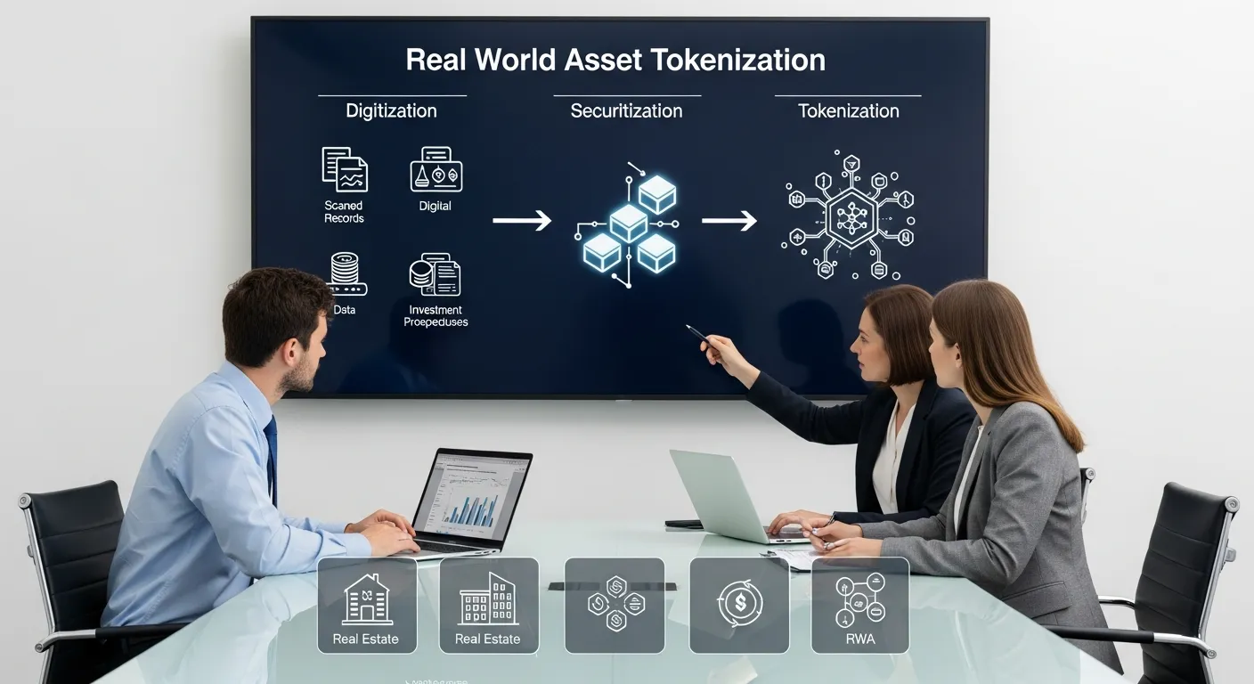 Professionals viewing a dashboard explaining real world asset tokenization and key asset types.