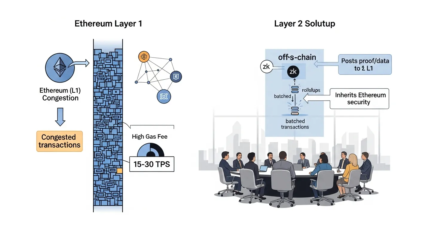 Professionals viewing a dashboard comparing Ethereum congestion and rollup batching.